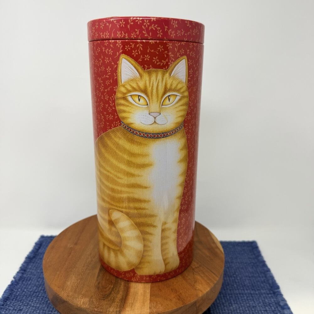 Vintage Hallmark 1987 Orange Tabby Cat Tin Canister Lidded Storage Kitchen